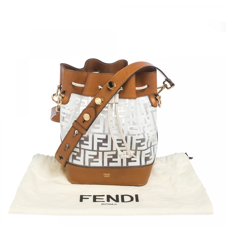 Pre Owned Fendi White/Tan Zucca PVC and Leather Grande Mon Tresor Bucket Bag