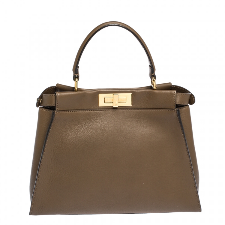 Pre Owned Fendi Brown Leather Medium Peekaboo Top Handle Bag