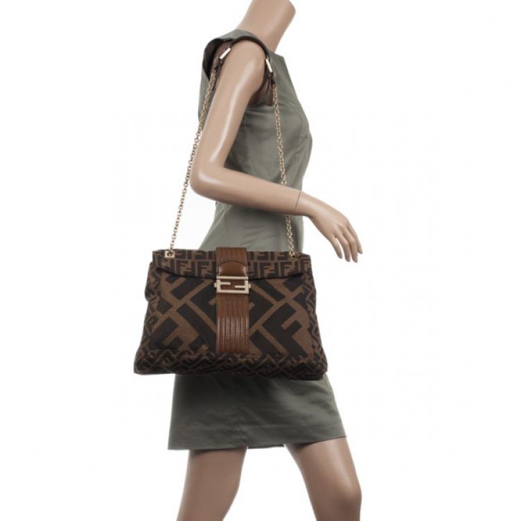 Pre Owned Fendi Brown Zucca Canvas Maxi Baguette Flap Shoulder Bag