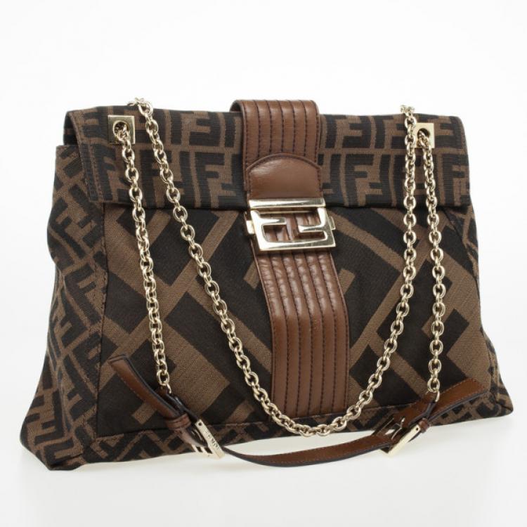 Pre Owned Fendi Brown Zucca Canvas Maxi Baguette Flap Shoulder Bag