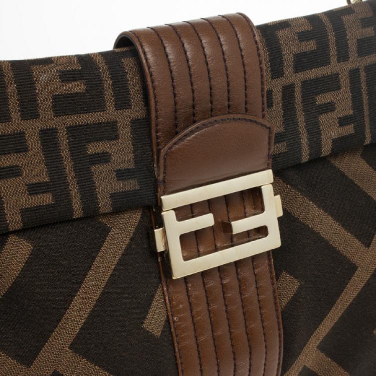 Pre Owned Fendi Brown Zucca Canvas Maxi Baguette Flap Shoulder Bag