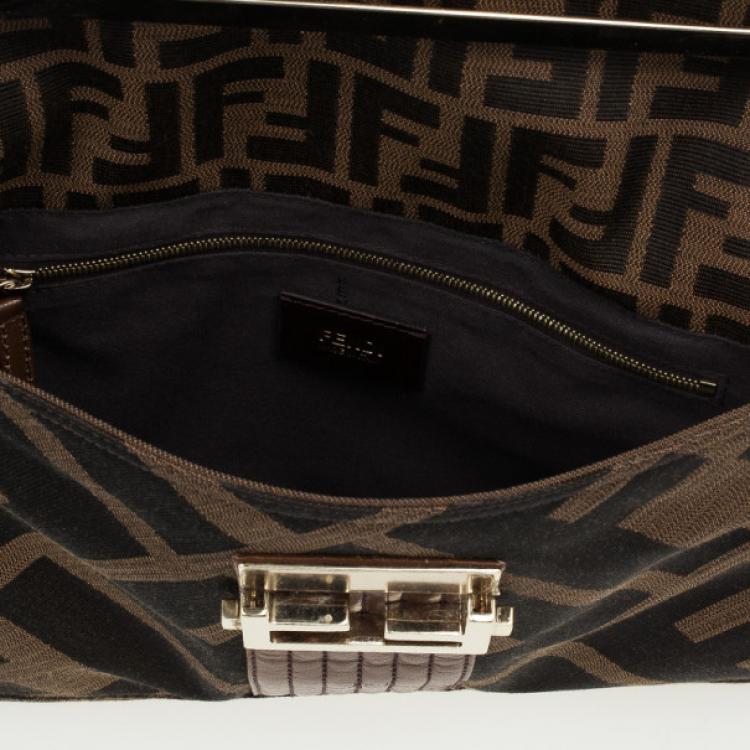 Pre Owned Fendi Brown Zucca Canvas Maxi Baguette Flap Shoulder Bag