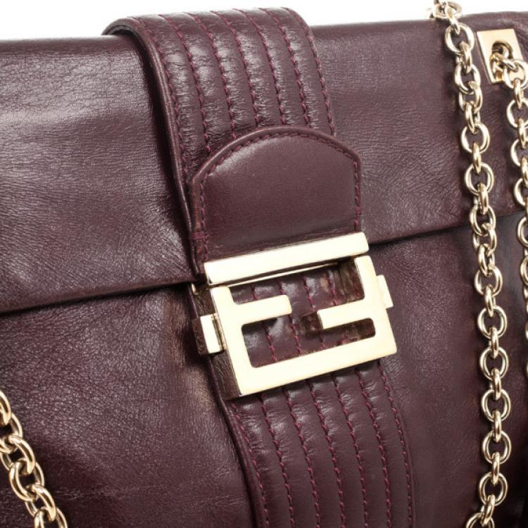 Pre Owned Fendi Maroon Maxi Borsa Vitello Baguette Shoulder Bag
