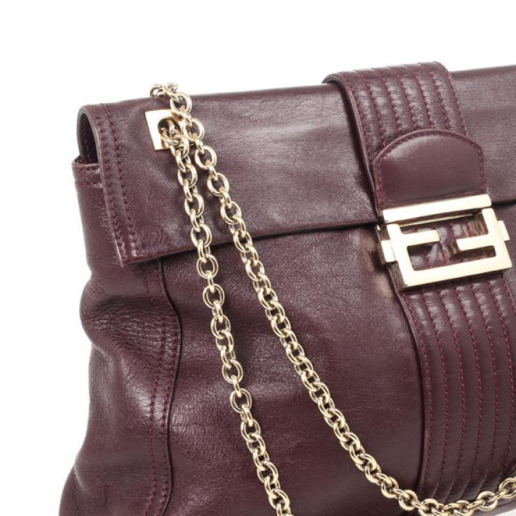 Pre Owned Fendi Maroon Maxi Borsa Vitello Baguette Shoulder Bag