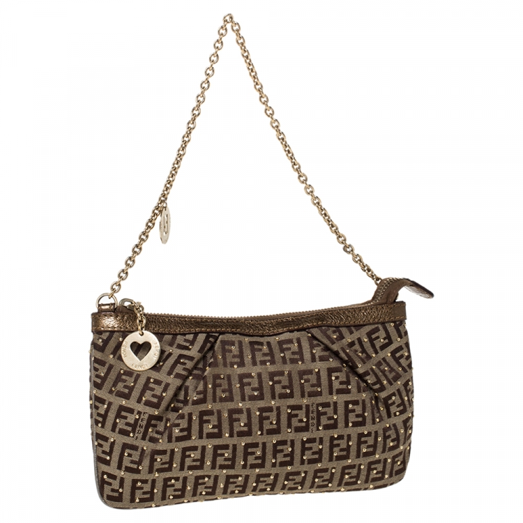 Pre Owned Fendi Brown Zucchino Canvas and Leather Studdded Baguette Bag