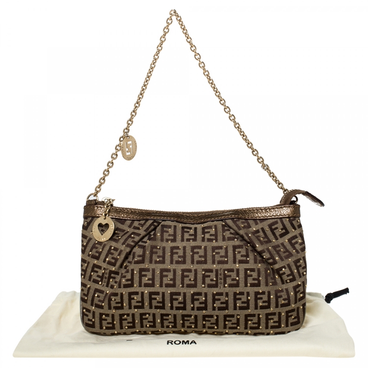 Pre Owned Fendi Brown Zucchino Canvas and Leather Studdded Baguette Bag