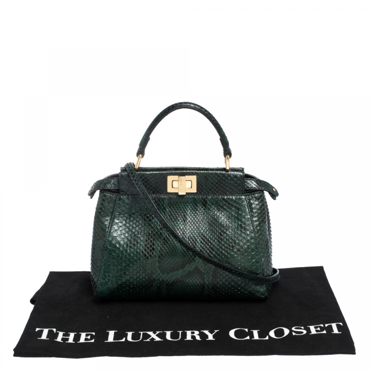 Pre Owned Fendi Green Python Mini Peekaboo Top Handle Bag