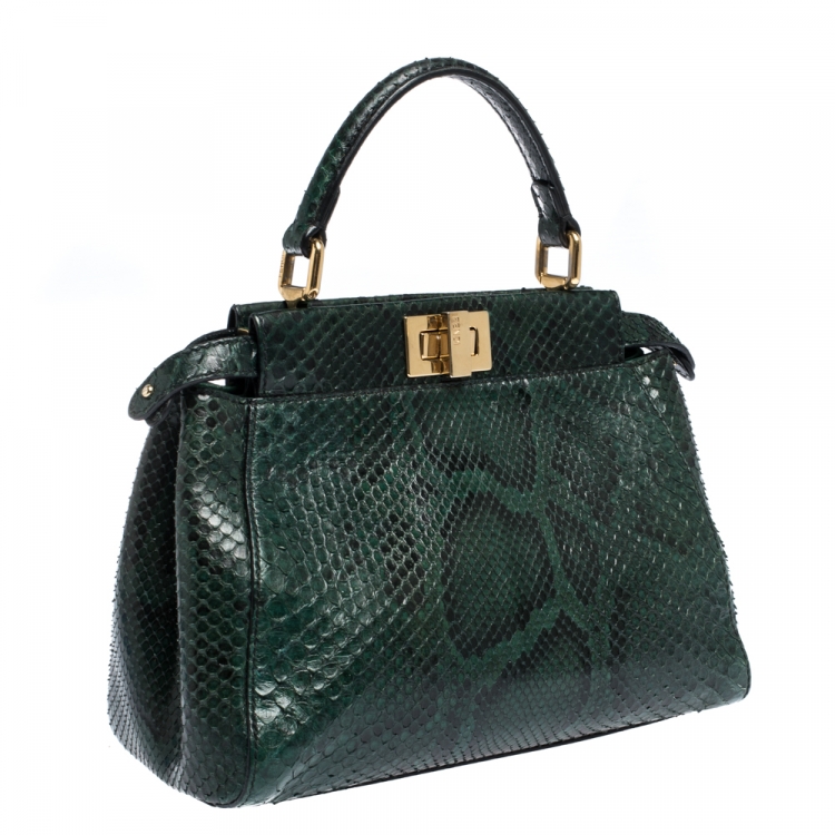 Pre Owned Fendi Green Python Mini Peekaboo Top Handle Bag