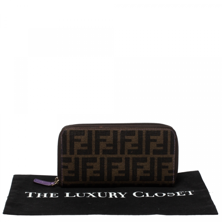 Pre Owned Fendi Tobacco Zucca Coated Canvas Zip Around Wallet