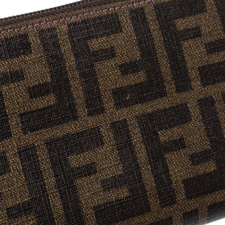Pre Owned Fendi Tobacco Zucca Coated Canvas Zip Around Wallet