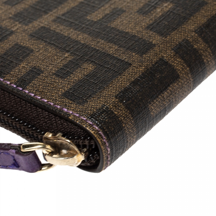 Pre Owned Fendi Tobacco Zucca Coated Canvas Zip Around Wallet