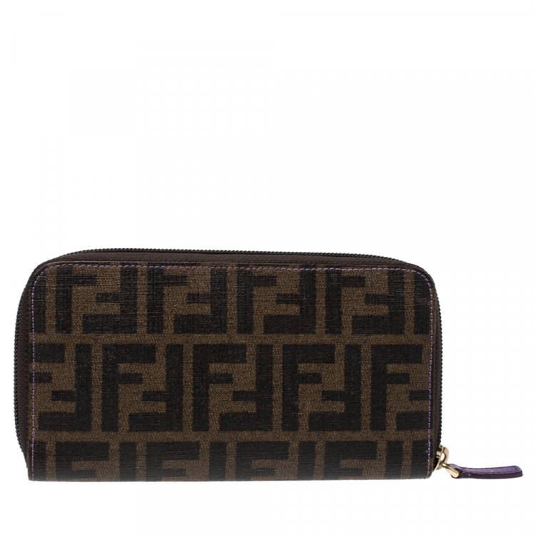 Pre Owned Fendi Tobacco Zucca Coated Canvas Zip Around Wallet