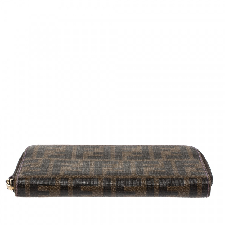 Pre Owned Fendi Tobacco Zucca Coated Canvas Zip Around Wallet