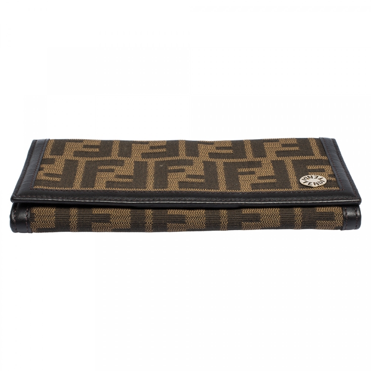 Pre Owned Fendi Tobacco Zucca Canvas and Leather Flap Continental Wallet