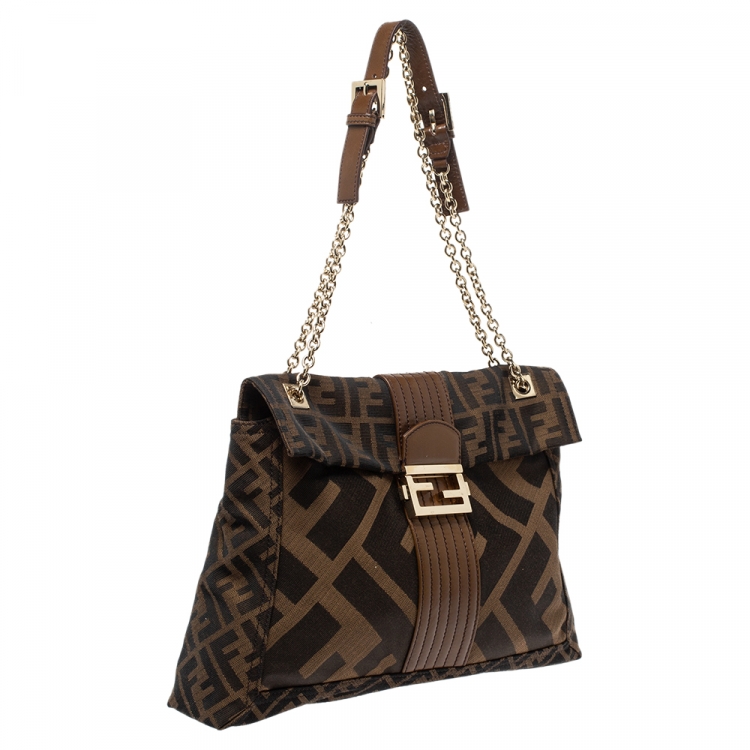 Pre Owned Fendi Tobacco Zucca Canvas and Leather Maxi Baguette Flap Shoulder Bag