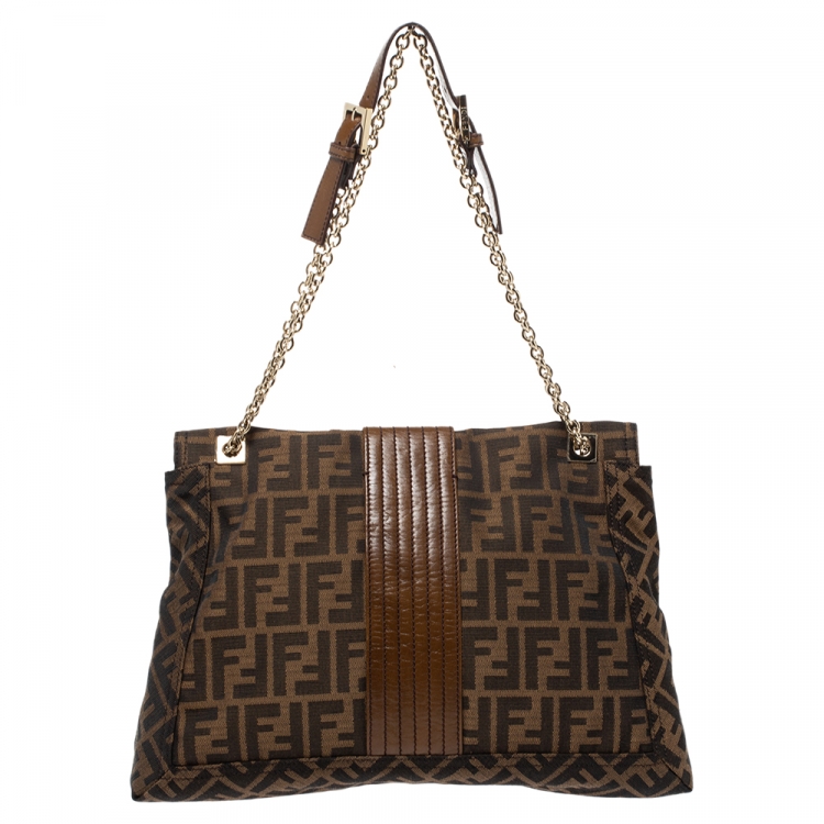Pre Owned Fendi Tobacco Zucca Canvas and Leather Maxi Baguette Flap Shoulder Bag