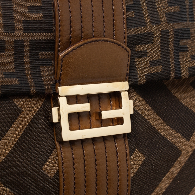 Pre Owned Fendi Tobacco Zucca Canvas and Leather Maxi Baguette Flap Shoulder Bag