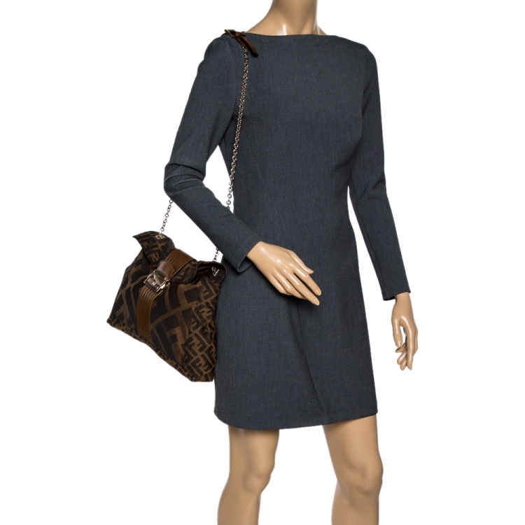 Pre Owned Fendi Tobacco Zucca Canvas and Leather Maxi Baguette Flap Shoulder Bag