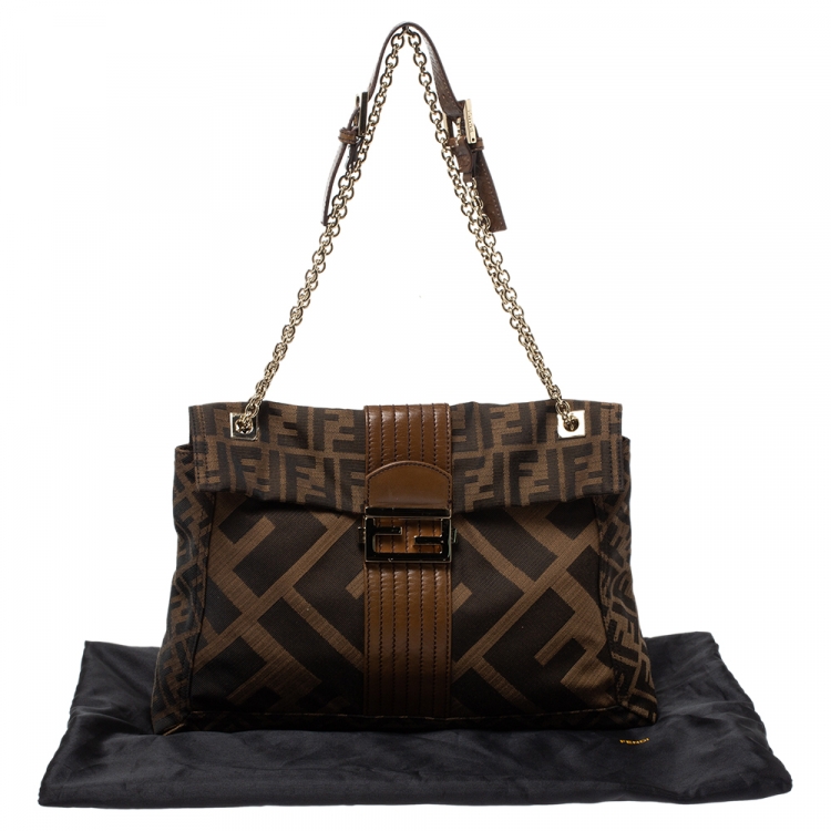 Pre Owned Fendi Tobacco Zucca Canvas and Leather Maxi Baguette Flap Shoulder Bag