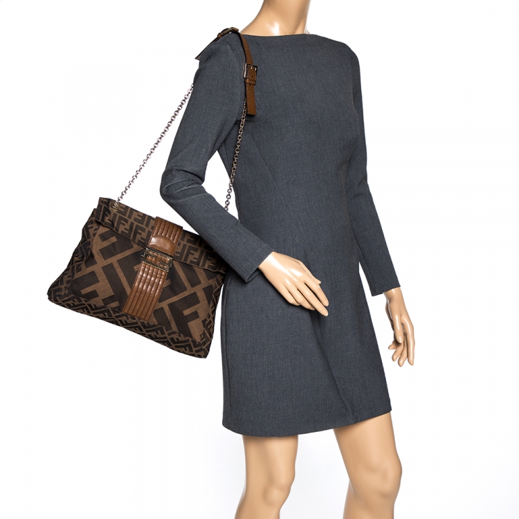 Pre Owned Fendi Tobacco Zucca Canvas and Leather Maxi Baguette Flap Shoulder Bag