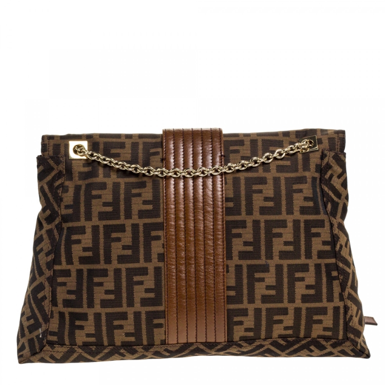 Pre Owned Fendi Tobacco Zucca Canvas and Leather Maxi Baguette Flap Shoulder Bag