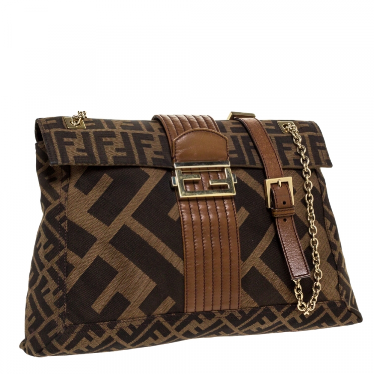 Pre Owned Fendi Tobacco Zucca Canvas and Leather Maxi Baguette Flap Shoulder Bag