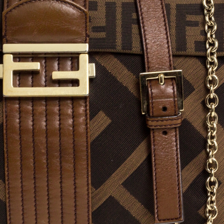 Pre Owned Fendi Tobacco Zucca Canvas and Leather Maxi Baguette Flap Shoulder Bag