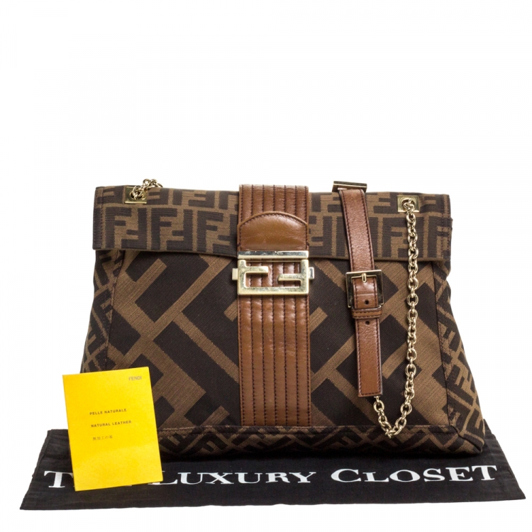 Pre Owned Fendi Tobacco Zucca Canvas and Leather Maxi Baguette Flap Shoulder Bag