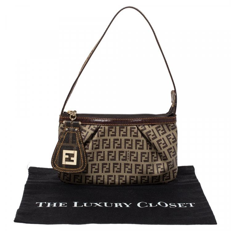 Pre Owned Fendi Brown/Beige Zucchino Coated Canvas and Leather Pochette Bag