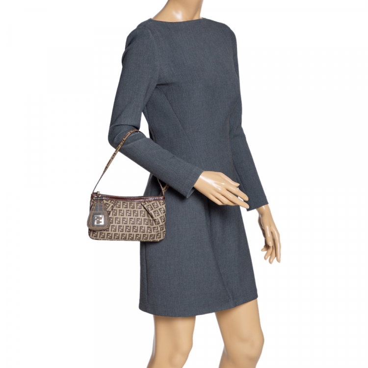 Pre Owned Fendi Brown/Beige Zucchino Coated Canvas and Leather Pochette Bag