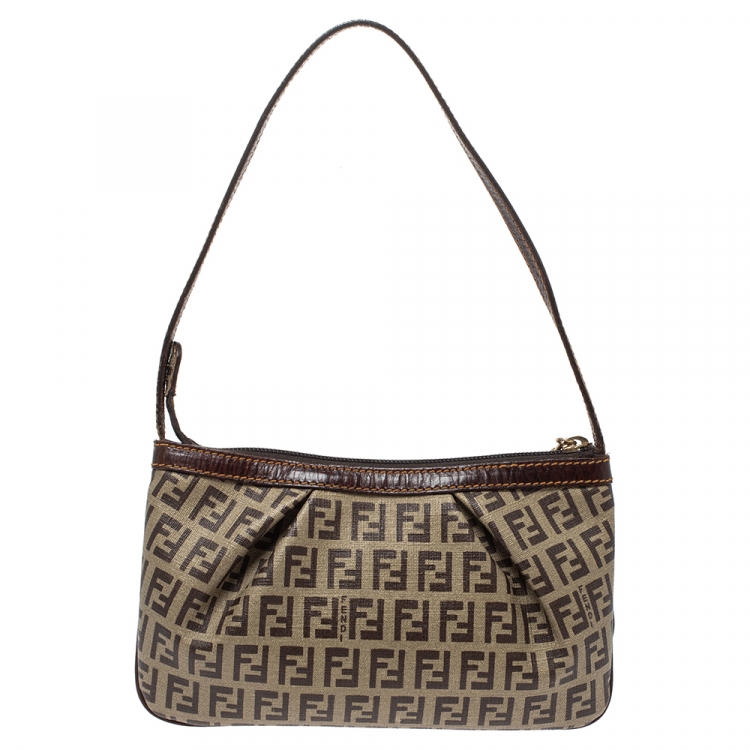 Pre Owned Fendi Brown/Beige Zucchino Coated Canvas and Leather Pochette Bag
