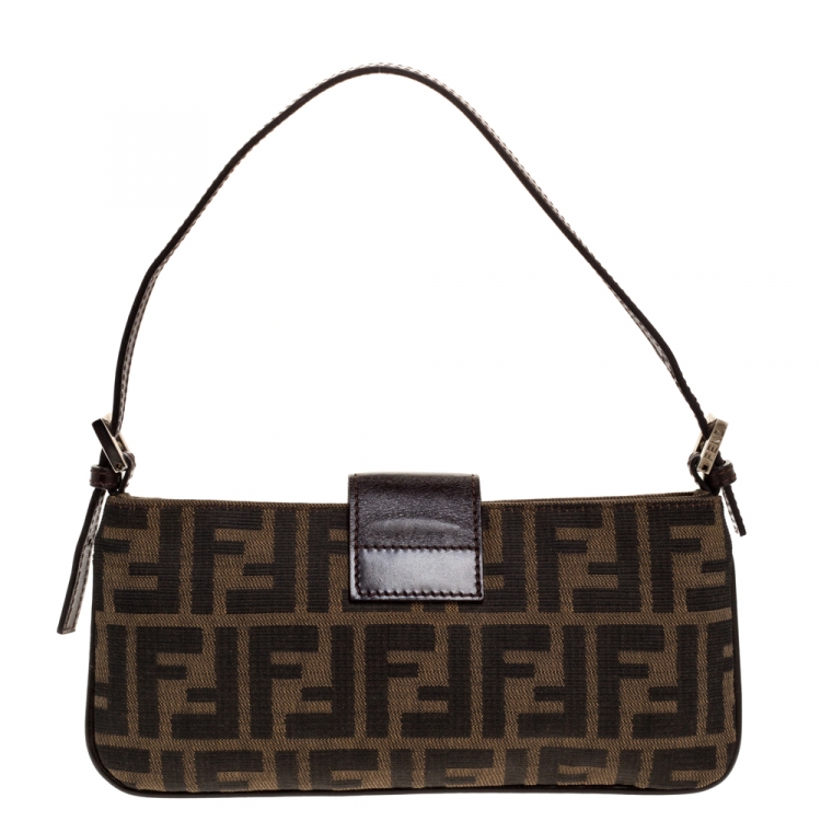 Pre Owned Fendi Tobacco Zucca Canvas and Leather Flap Pochette Bag