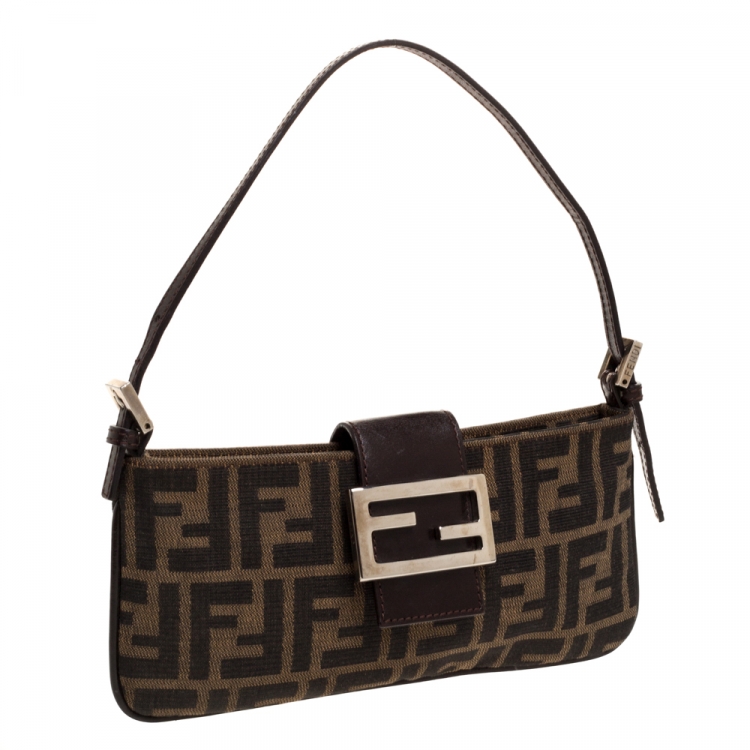 Pre Owned Fendi Tobacco Zucca Canvas and Leather Flap Pochette Bag