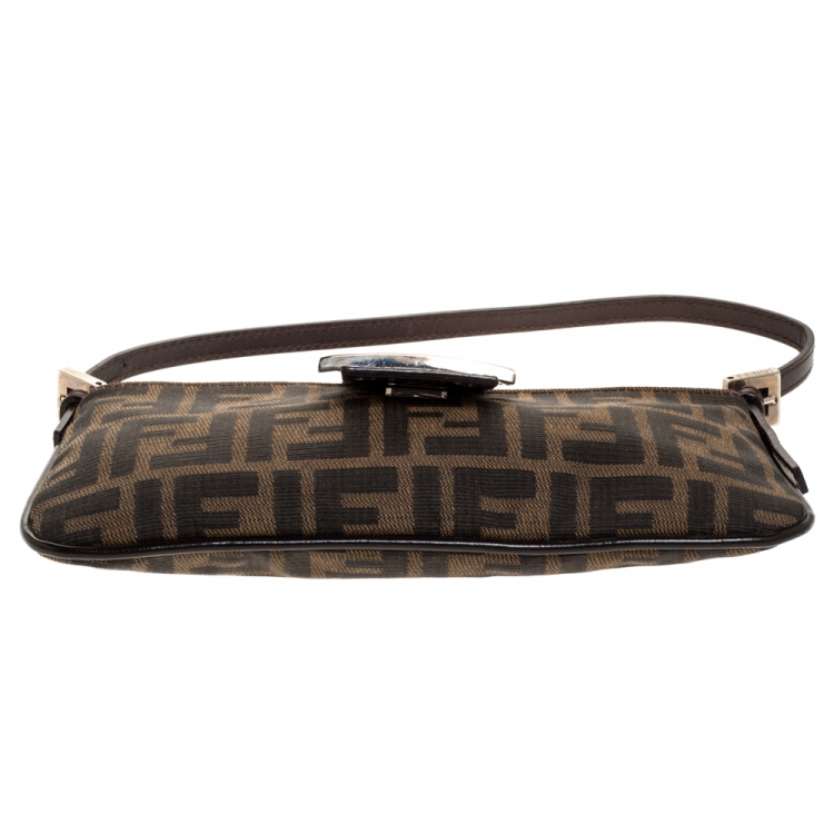 Pre Owned Fendi Tobacco Zucca Canvas and Leather Flap Pochette Bag