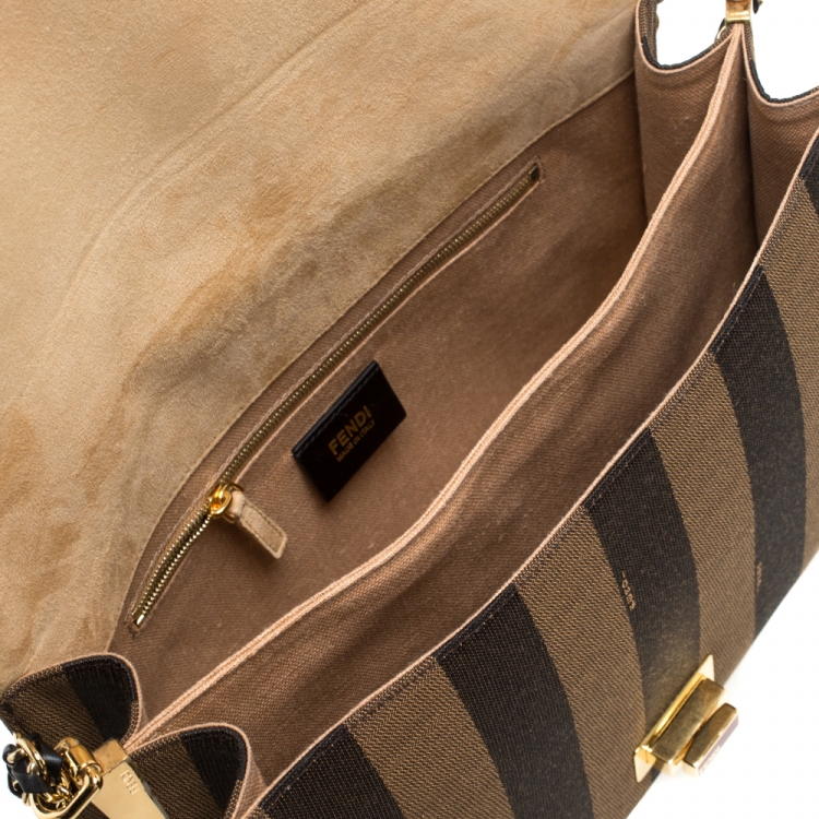 Pre Owned Fendi Tobacco Pequin Stripe Canvas Large Claudia Shoulder Bag
