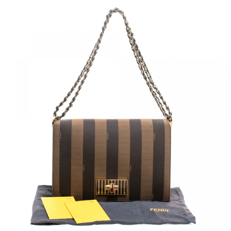 Pre Owned Fendi Tobacco Pequin Stripe Canvas Large Claudia Shoulder Bag