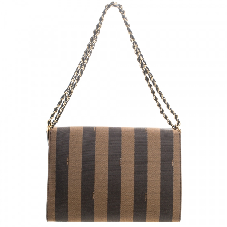 Pre Owned Fendi Tobacco Pequin Stripe Canvas Large Claudia Shoulder Bag