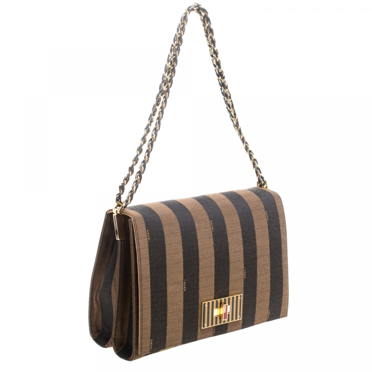Pre Owned Fendi Tobacco Pequin Stripe Canvas Large Claudia Shoulder Bag