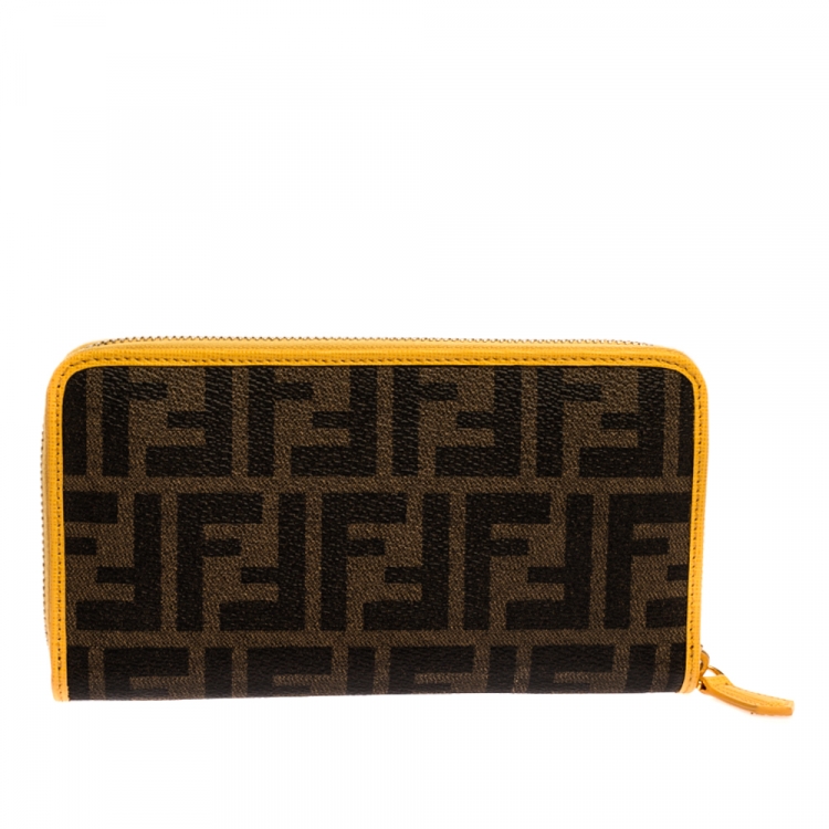 Pre Owned Fendi Tobacco/Yellow Zucca Coated Canvas Zip Around Continental Wallet