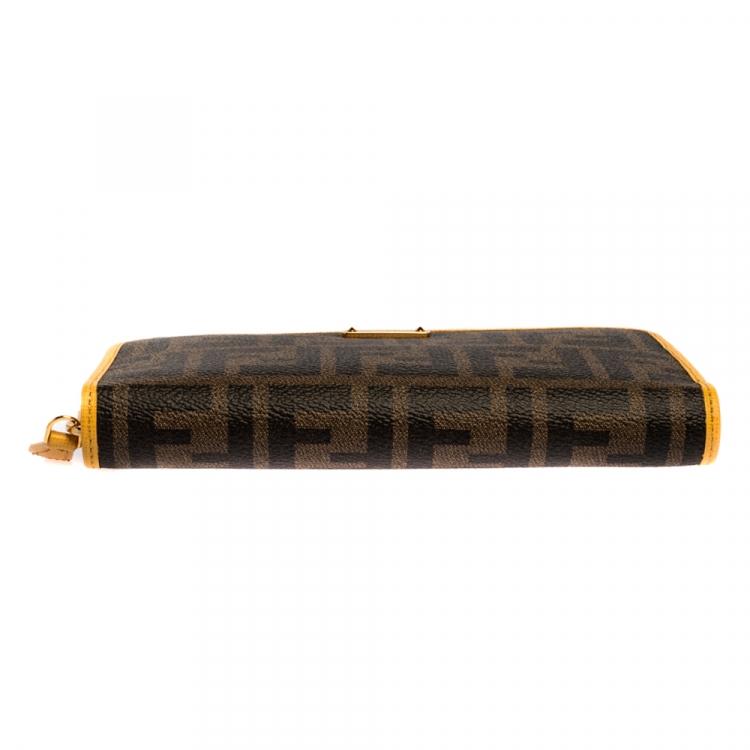 Pre Owned Fendi Tobacco/Yellow Zucca Coated Canvas Zip Around Continental Wallet