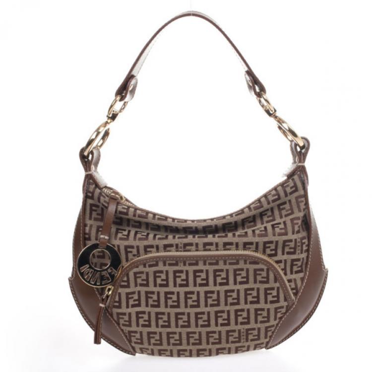 Baguette Fendi Zucchino Dark Brown Hobo Trimmed Shoulder Bag Small