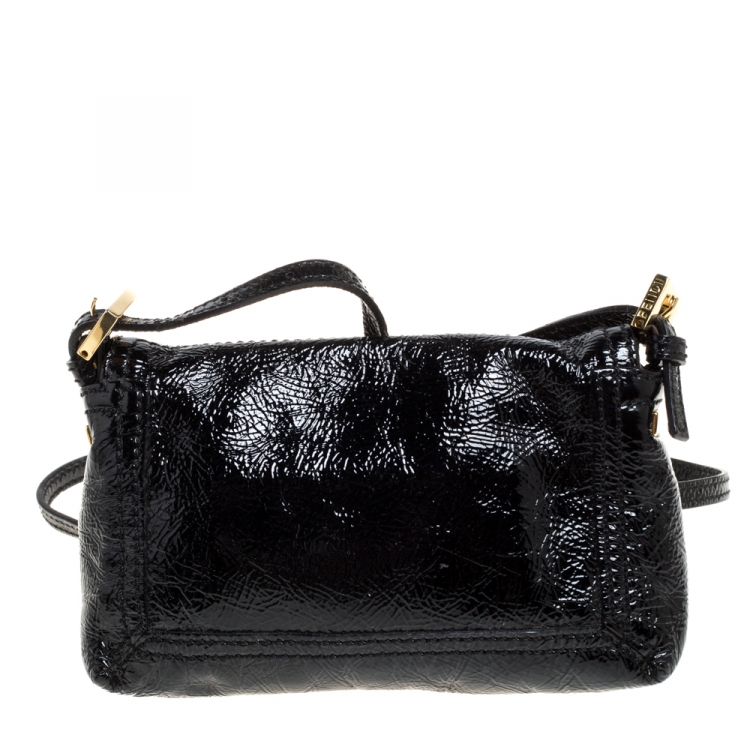 Pre Owned Fendi Black Crinkle Patent Leather Flap Baguette Crossbody Bag 
