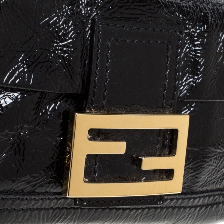 Pre Owned Fendi Black Crinkle Patent Leather Flap Baguette Crossbody Bag 