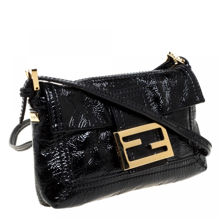 Pre Owned Fendi Black Crinkle Patent Leather Flap Baguette Crossbody Bag 