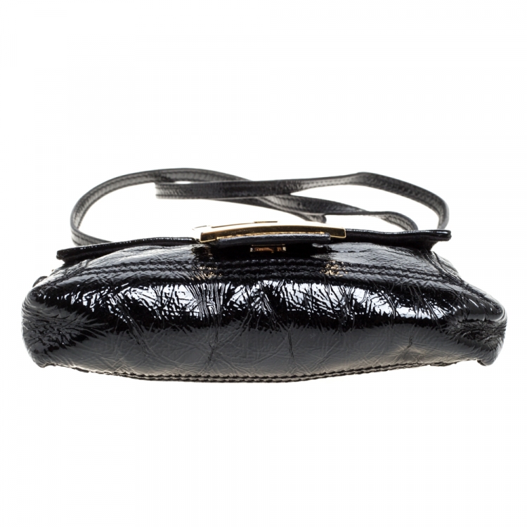 Pre Owned Fendi Black Crinkle Patent Leather Flap Baguette Crossbody Bag 