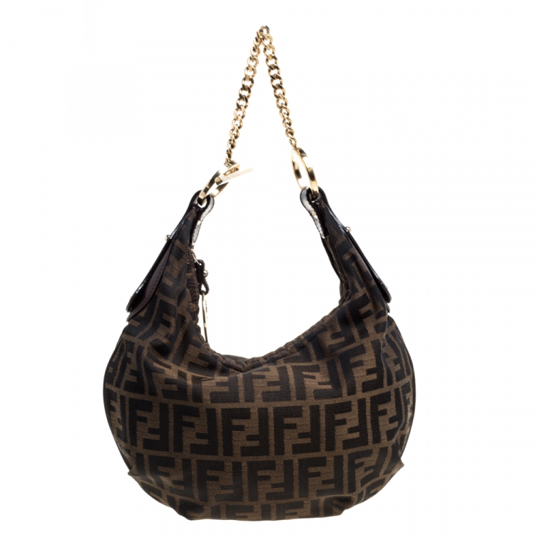 Pre Owned Fendi Tobacco Zucca Canvas and Leather Chef Chain Link Hobo