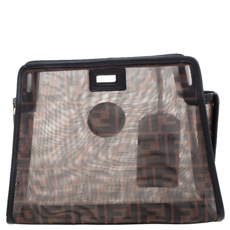 مملوكة مسبقًا Fendi Brown Zucca Mesh and Leather Small Peekaboo Defender Pouch