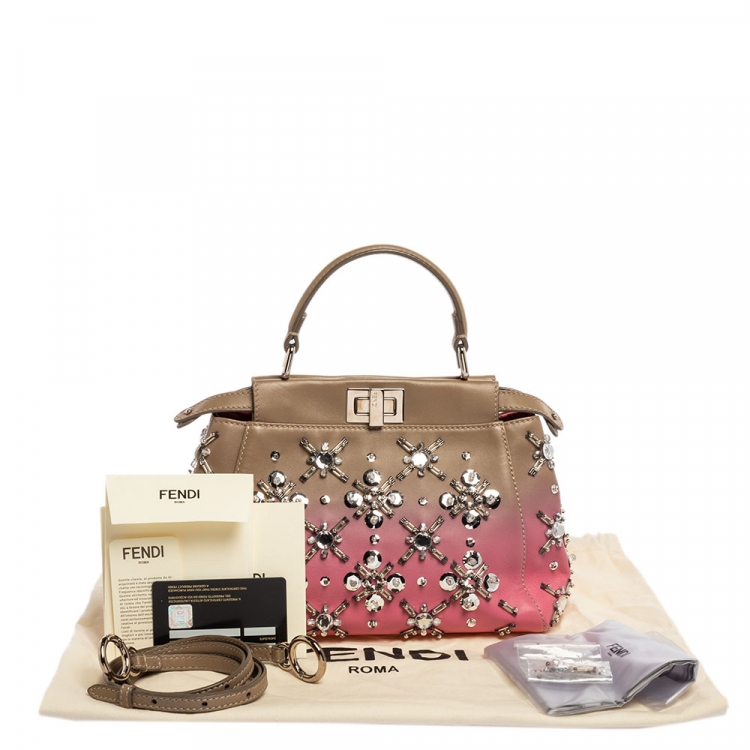 Pre Owned Fendi Pink/Beige Ombre Leather Mini Peekaboo Crystal Embellished Top Handle Bag