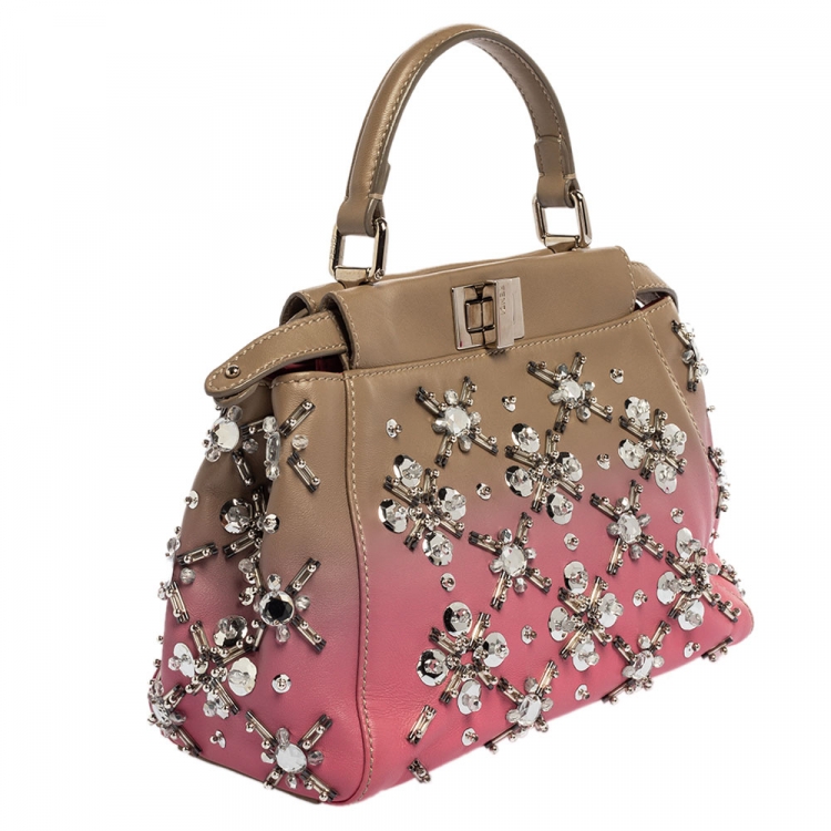 Pre Owned Fendi Pink/Beige Ombre Leather Mini Peekaboo Crystal Embellished Top Handle Bag