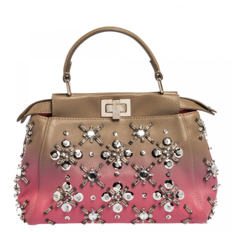 Pre Owned Fendi Pink/Beige Ombre Leather Mini Peekaboo Crystal Embellished Top Handle Bag